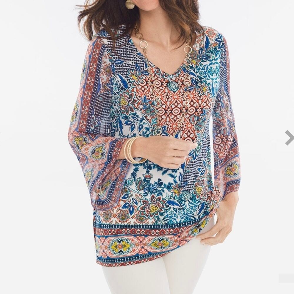 Chico's Florentine Mixed Knit Blouse Top Women's 1 Medium Geometric Multi